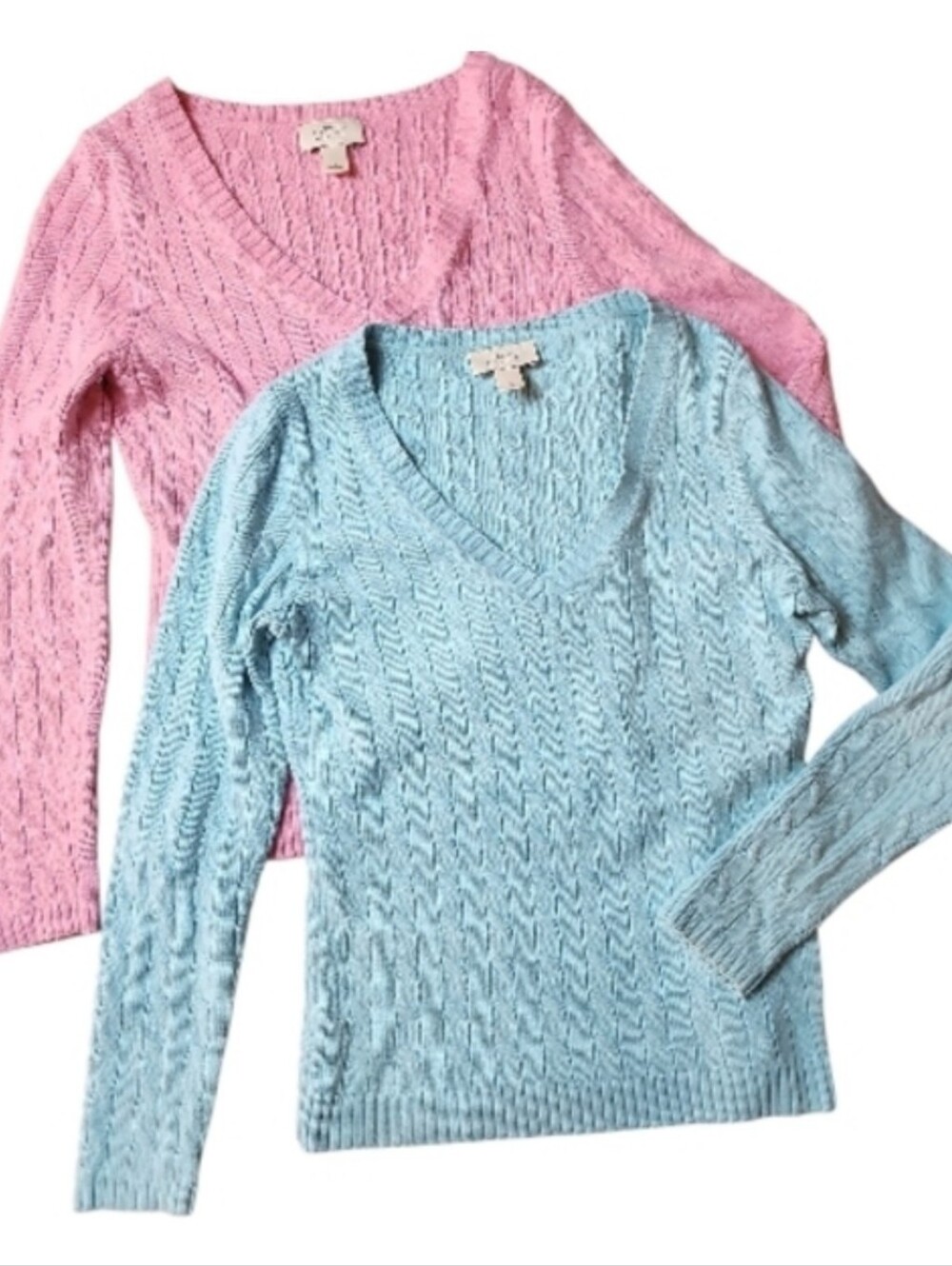 LOFT | 2 Pack Pointelle V-Neck Knit Rabbit Hair Sweaters Pink Blue Bundle | S - Picture 11 of 11